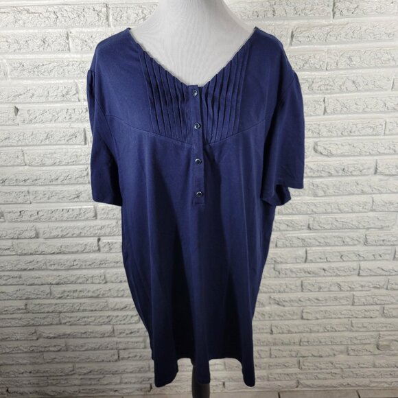 Liz Me Womens Top 2X Tunic Plus Short Sleeve Blue Buttons Cotton Blend BLU30E - Picture 1 of 7
